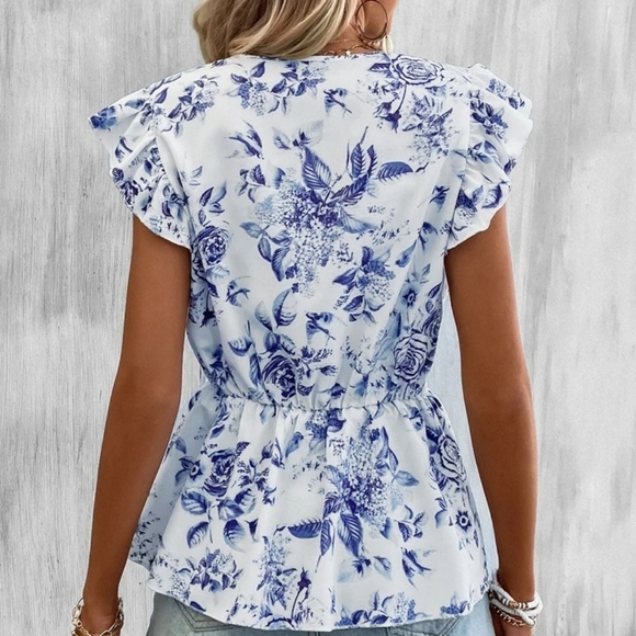 New Lace Insert Ruffle Sleeve Peplum Blouse - Picture 2 of 8